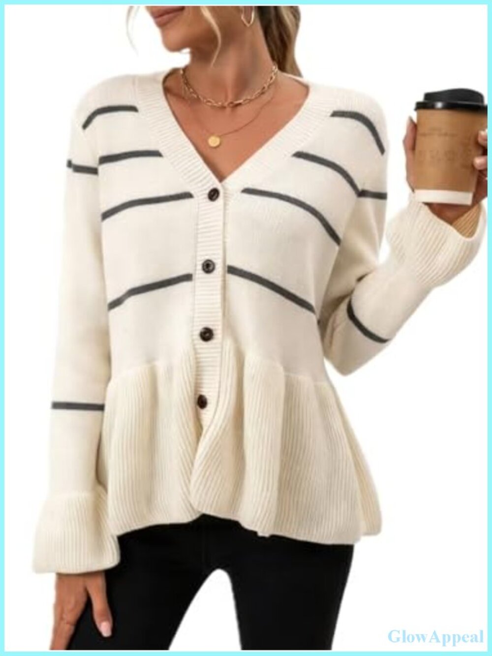 Women's Striped Cardigan Sweater V-Neck Button Down Flared Hem Long Sleeve Knit
